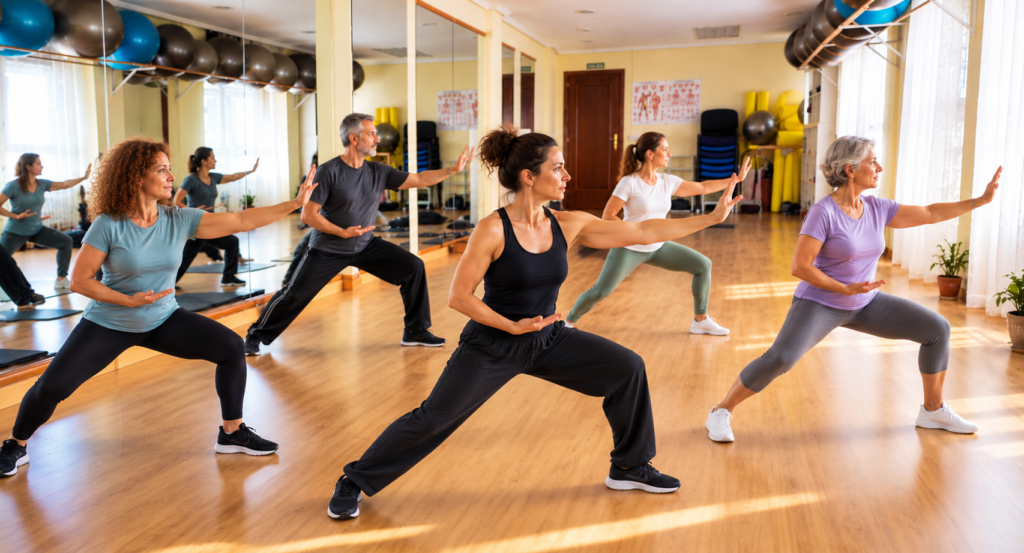 Clase de Tai Chi en estudio luminoso