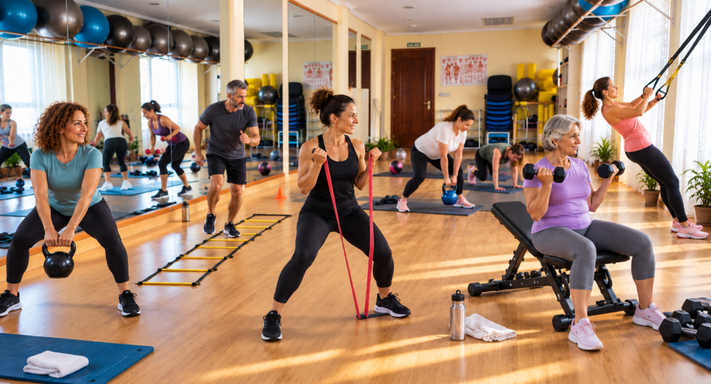 Clase de entrenamiento funcional en gimnasio luminoso en Mundo Wellness, León