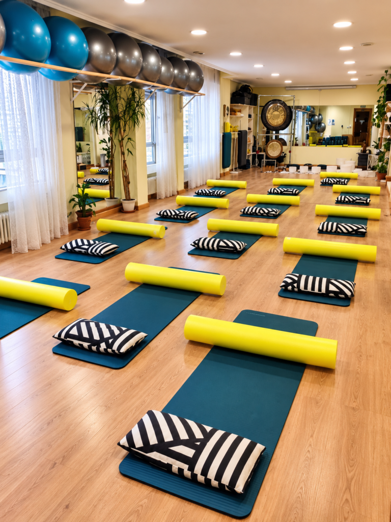 Estudio de yoga luminoso y ordenado de Asociación Mundo Wellness